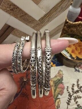 3 Filigree Sterling Silver Bangle Set With Matching Hoop Earings 18k Gold Accent